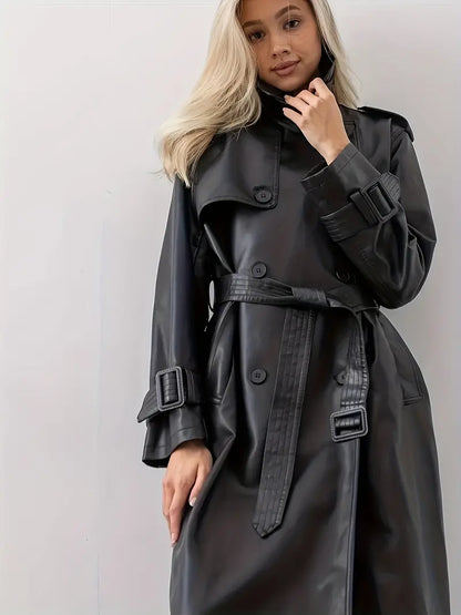 Manteau Trench Ceinturé en Cuir Noir Femme Élégant