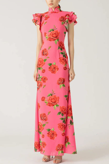 Robe longue cheongsam fleurie avec manches évasées à volants en étages