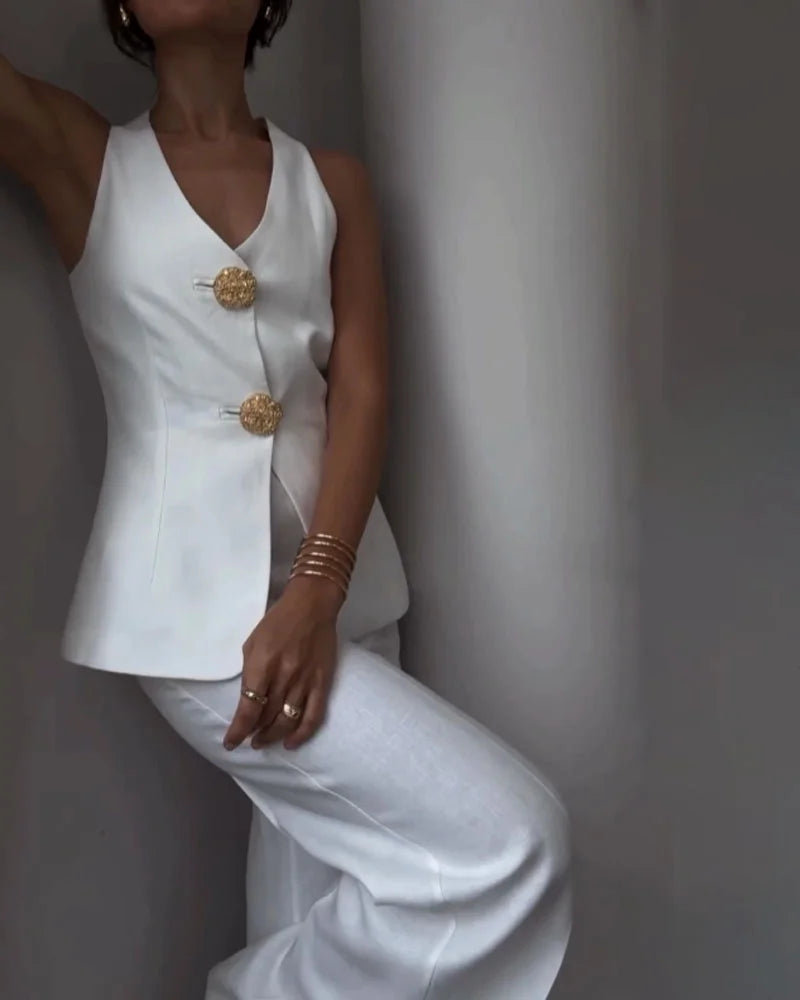 Ensemble Sophistiqué Gilet Et Pantalon Évasé Femme Pour Événements