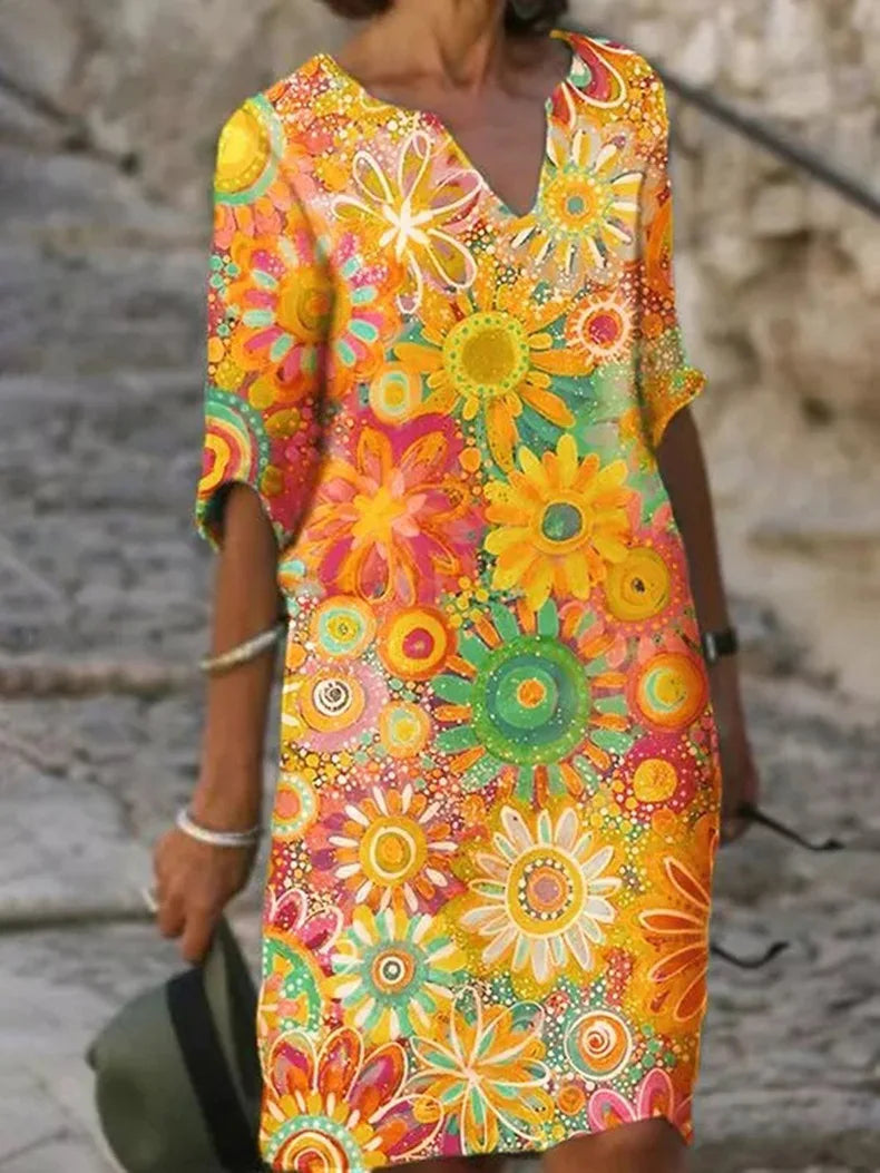 Robe Midi à Col V Florale Colorée pour Femmes