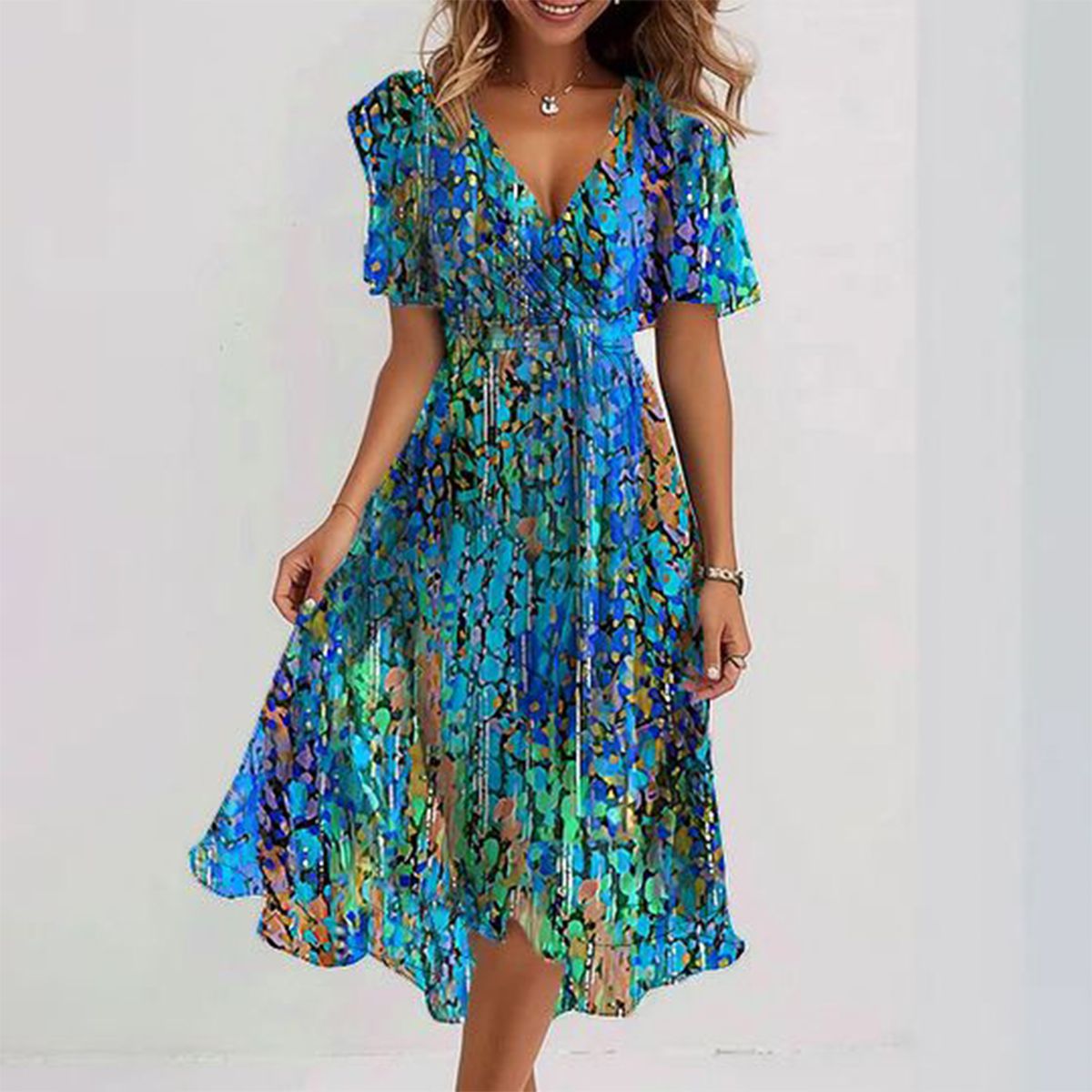 Robe Midi Évasée à Fleurs Décolleté en V pour Femme