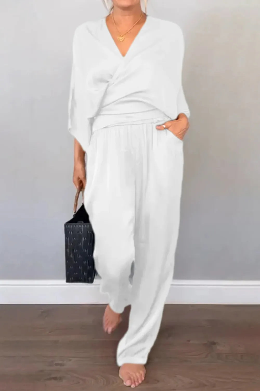 Ensemble Chic Haut Cache-cœur et Pantalon Décontracté Relaxé