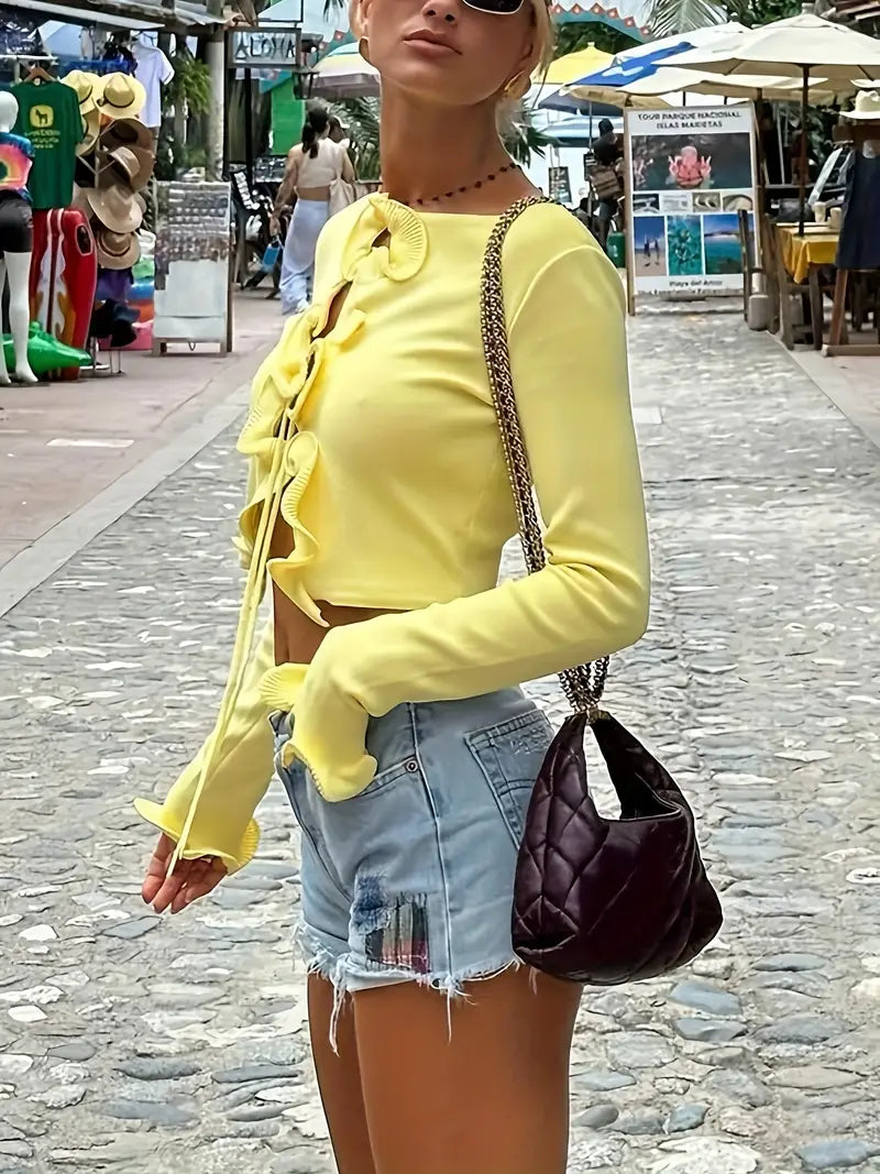 Cardigan en maille à volants confortable avec détail noué sur le devant