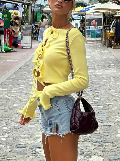 Cardigan en maille à volants confortable avec détail noué sur le devant