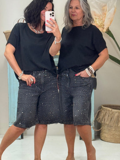 Tendance bermuda-jeans avec ornements en strass