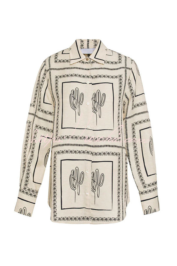 Blouse ample pour femme en mélange de lin à motif géométrique abstrait