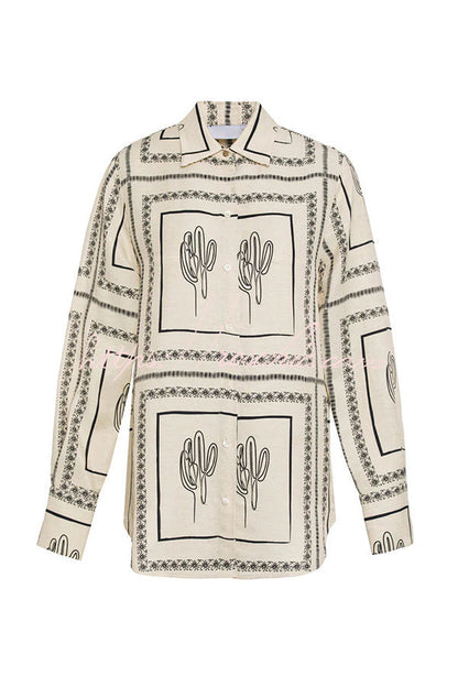 Blouse ample pour femme en mélange de lin à motif géométrique abstrait