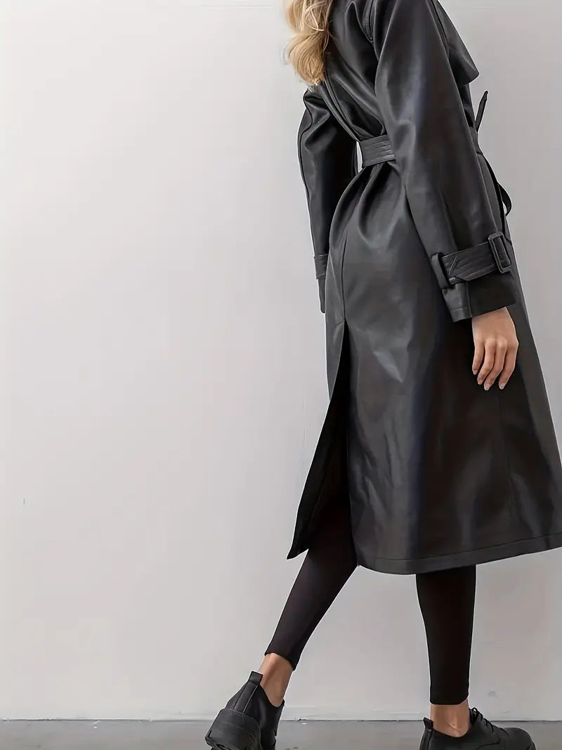 Manteau Trench Ceinturé en Cuir Noir Femme Élégant