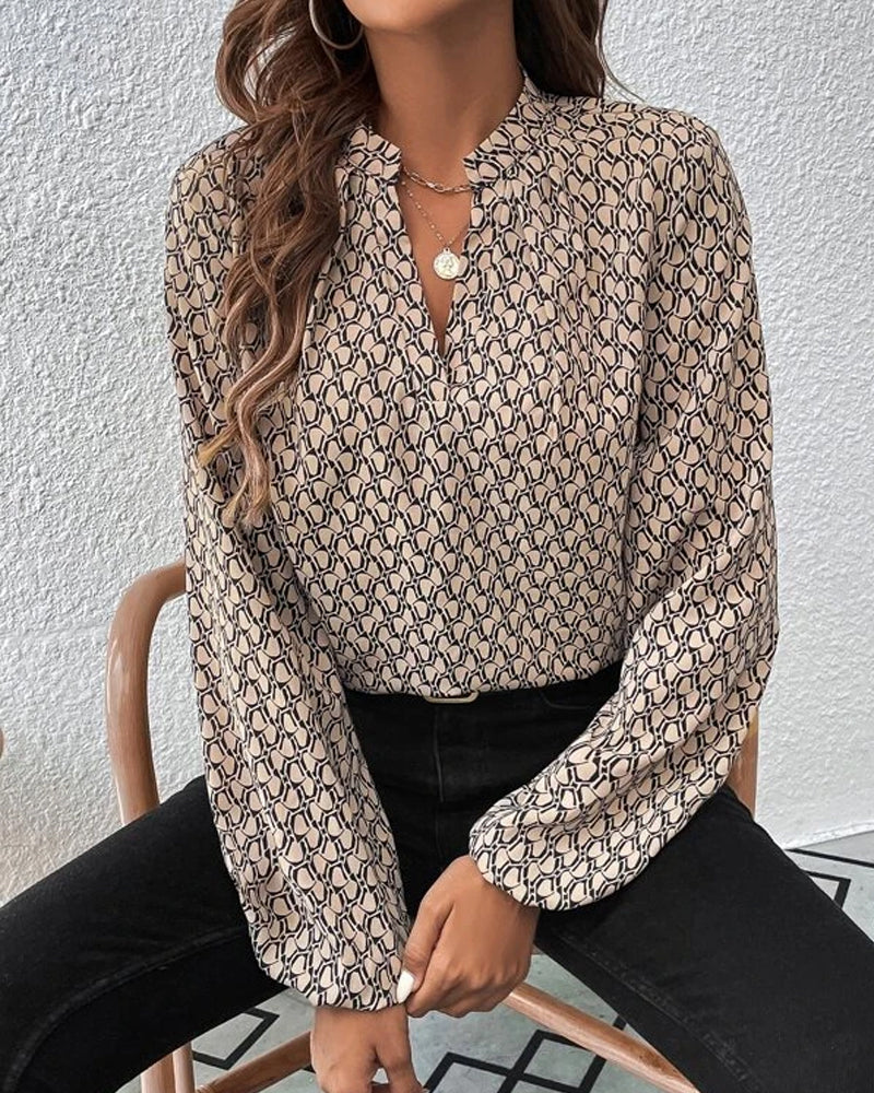 Blouse à col en V avec impression et manches longues - Haut aéré pour le bureau et les loisirs
