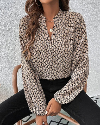 Blouse à col en V avec impression et manches longues - Haut aéré pour le bureau et les loisirs