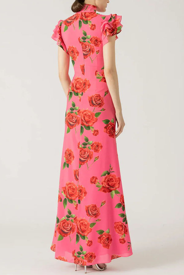 Robe longue cheongsam fleurie avec manches évasées à volants en étages