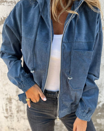 Veste décontractée légère en velours côtelé avec capuche pour femme