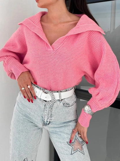 Pull en maille à manches lanterne confortables et col ouvert