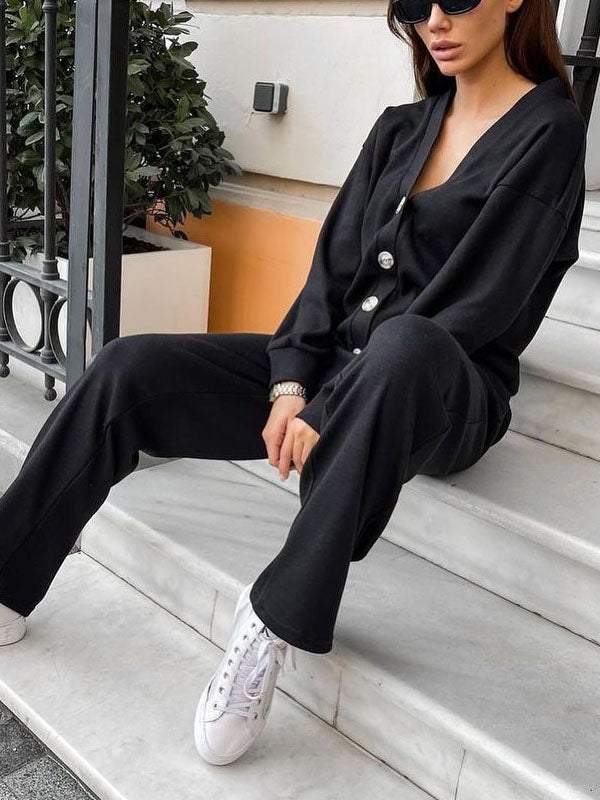 Ensemble décontracté confortable avec pull col V et pantalon