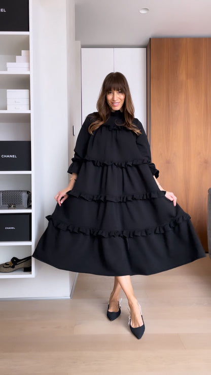 Robe Noire Décontractée à Volants pour Femme
