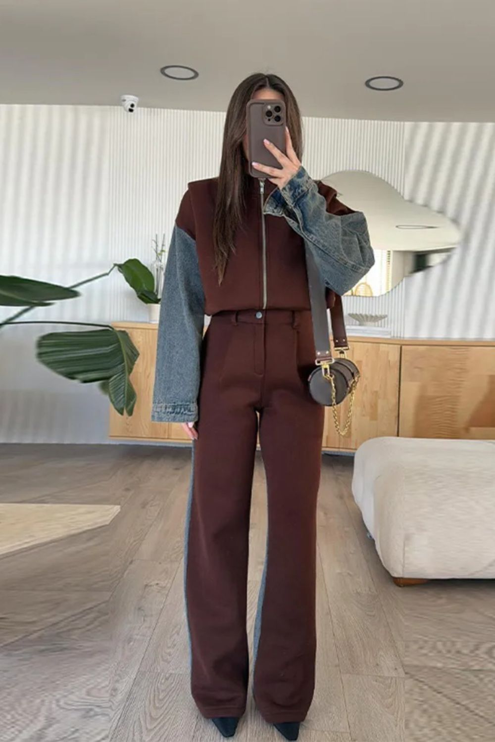 Veste Sweat-shirt Décontractée en Jean avec Patchwork et Fermeture Éclair