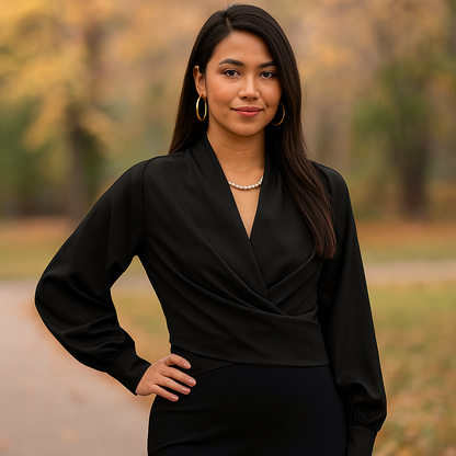 Blouse Chic à Manches Bouffantes et Col V pour un Style Sans Effort