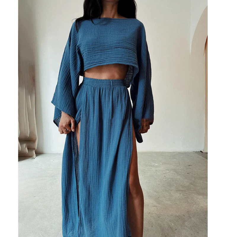 Ensemble Top à Manches Longues Croppé et Jupe Maxi pour Femmes