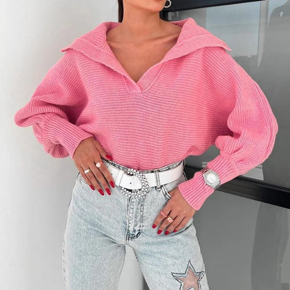 Pull en maille à manches lanterne confortables et col ouvert