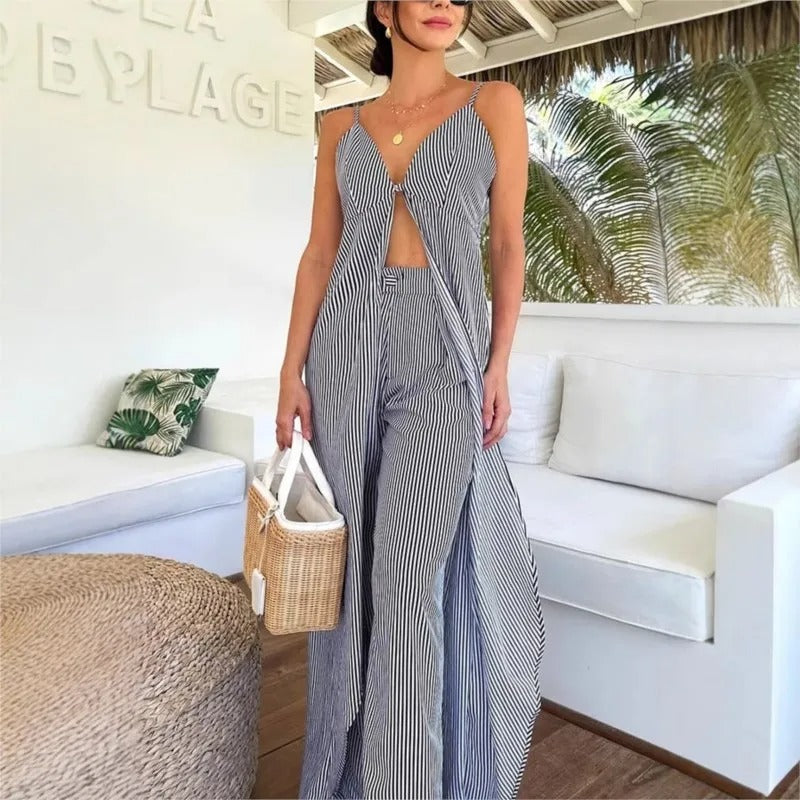 Ensemble top rayé sans manches avec pantalon ample décontracté