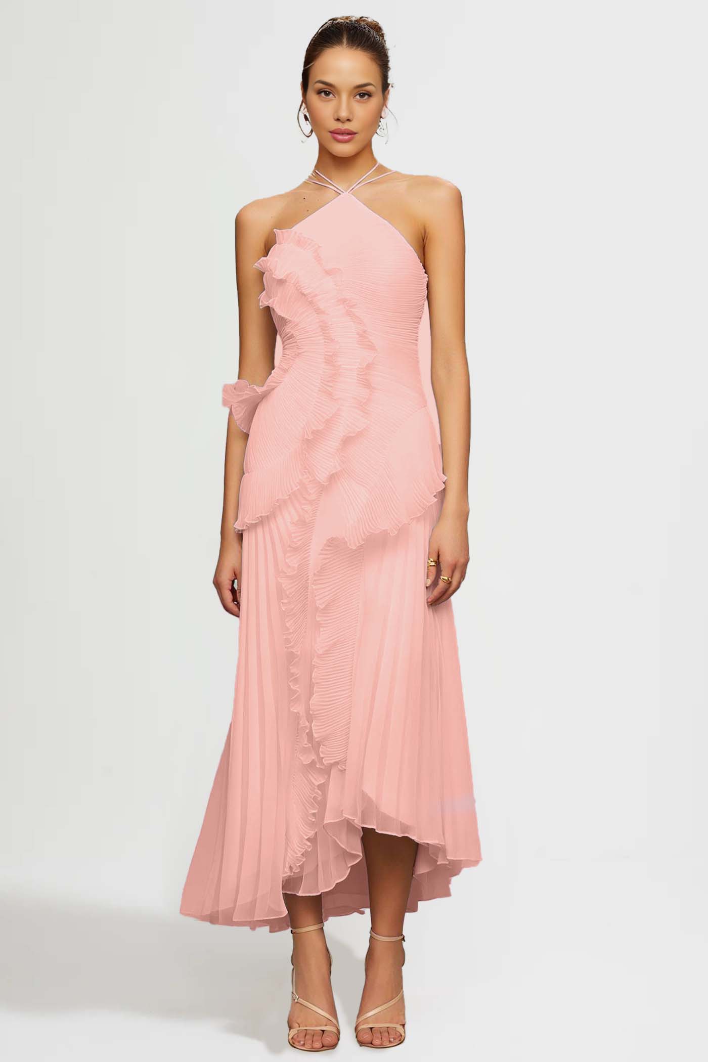 Robe midi plissée avec col licou et volants en cascade en rose