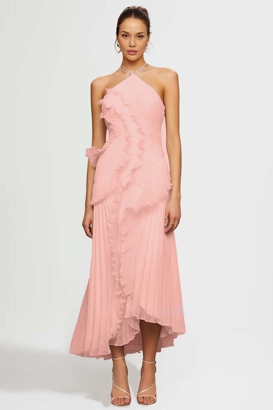 Robe midi plissée avec col licou et volants en cascade en rose