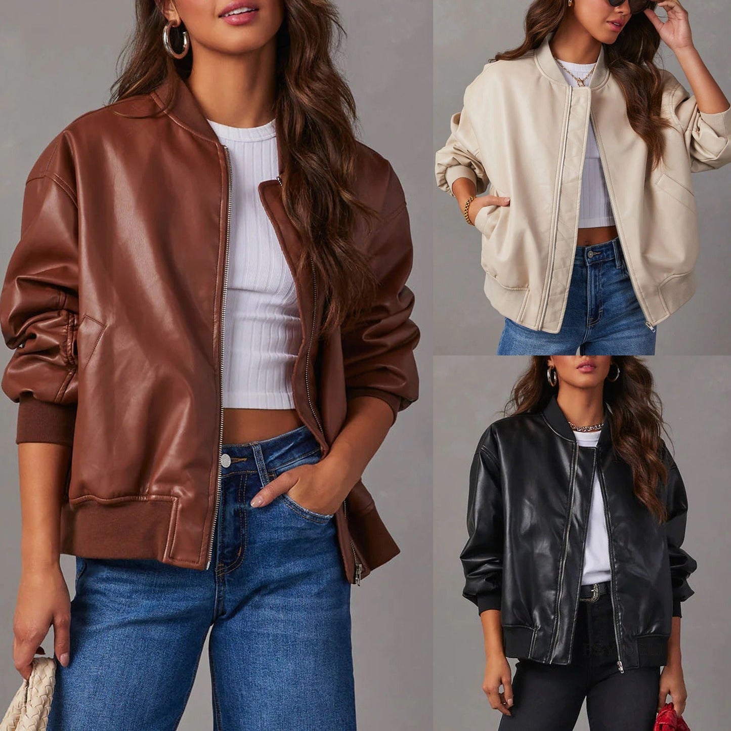 Veste Bomber Classique en Cuir à Zip Élégante Outerwear