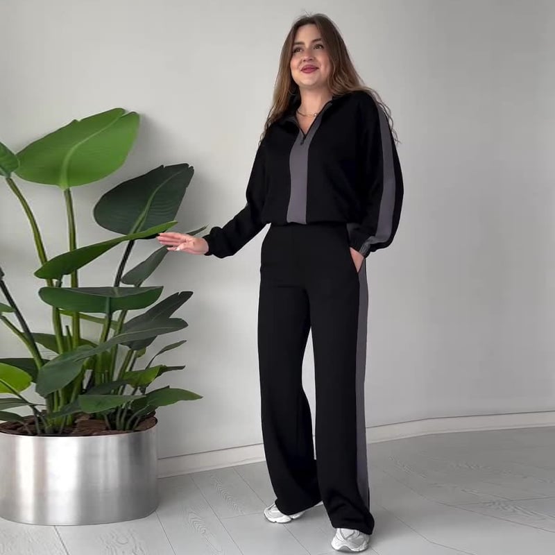 Ensemble chic 2 pièces avec haut à col à fermeture éclair et pantalon