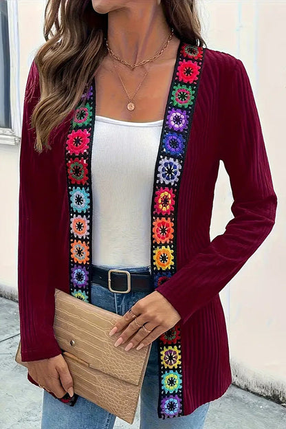 Cardigan à manches longues en maille avec bordure florale bohème