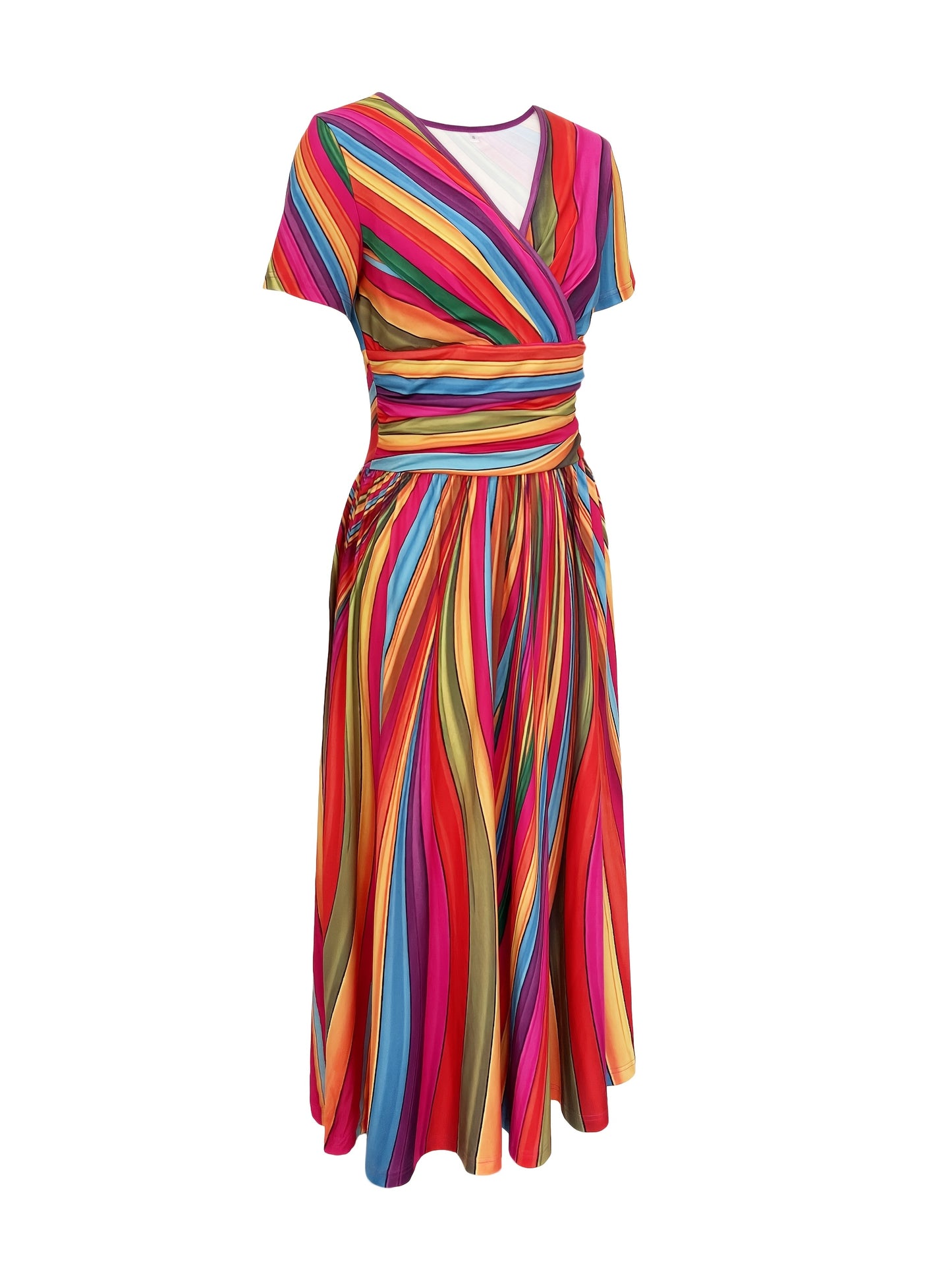 Robe midi à rayures colorées et décolleté en V pour femme
