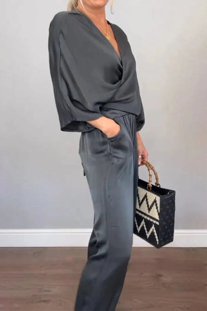 Ensemble Chic Haut Cache-cœur et Pantalon Décontracté Relaxé