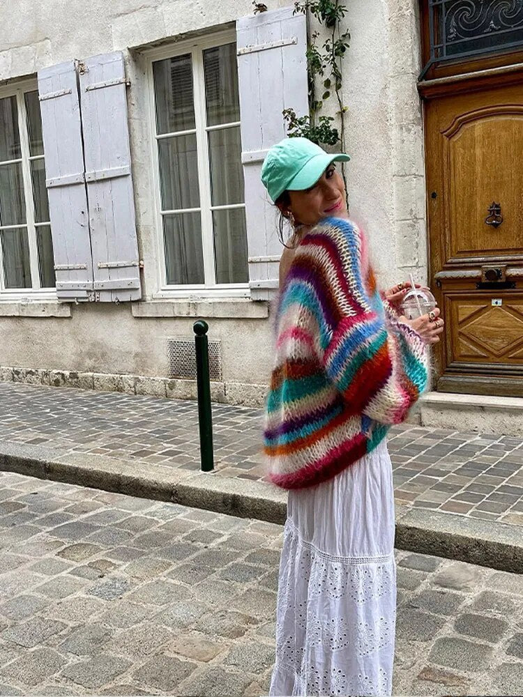 Cardigan Tricoté Multicolore Tendance pour Femmes