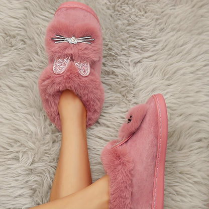 Chaussons en Peluche à Strass de Chat Femmes