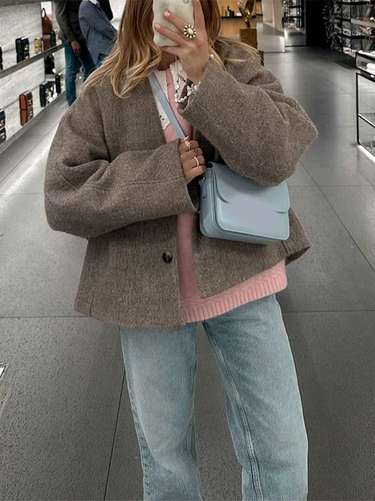 Manteau oversize effet laine à col en V pour femmes