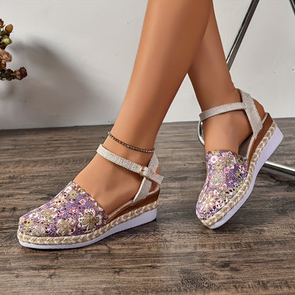 Sandales Compensées À Lanière Boucle Florale Femme