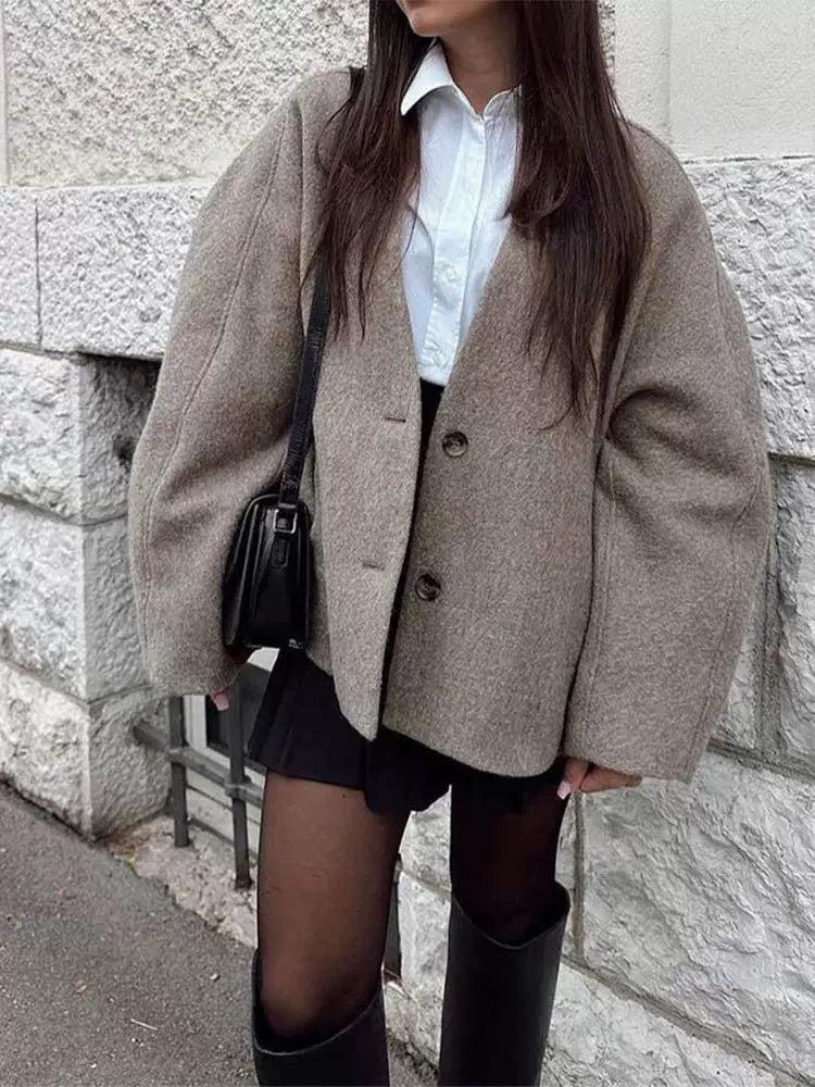 Manteau oversize effet laine à col en V pour femmes