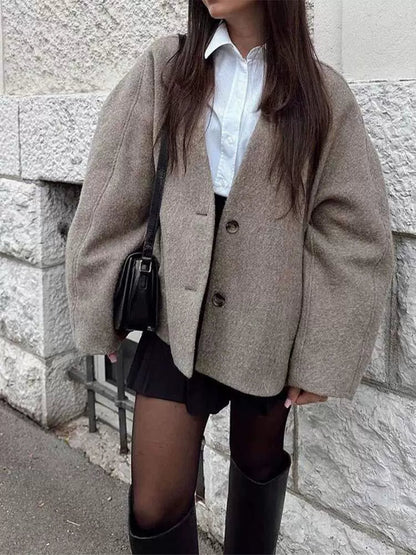 Manteau oversize effet laine à col en V pour femmes