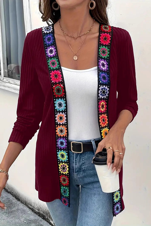 Cardigan à manches longues en maille avec bordure florale bohème