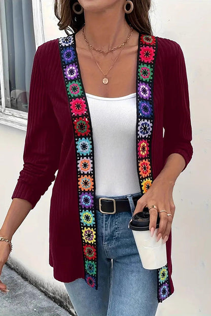 Cardigan à manches longues en maille avec bordure florale bohème