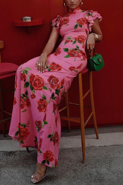 Robe longue cheongsam fleurie avec manches évasées à volants en étages