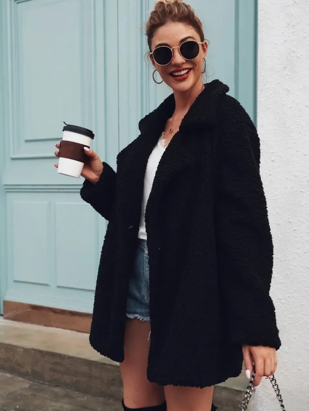 Manteau court en peluche teddy douillet avec col revers pour femme