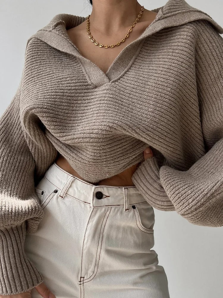 Pull en maille à manches lanterne confortables et col ouvert