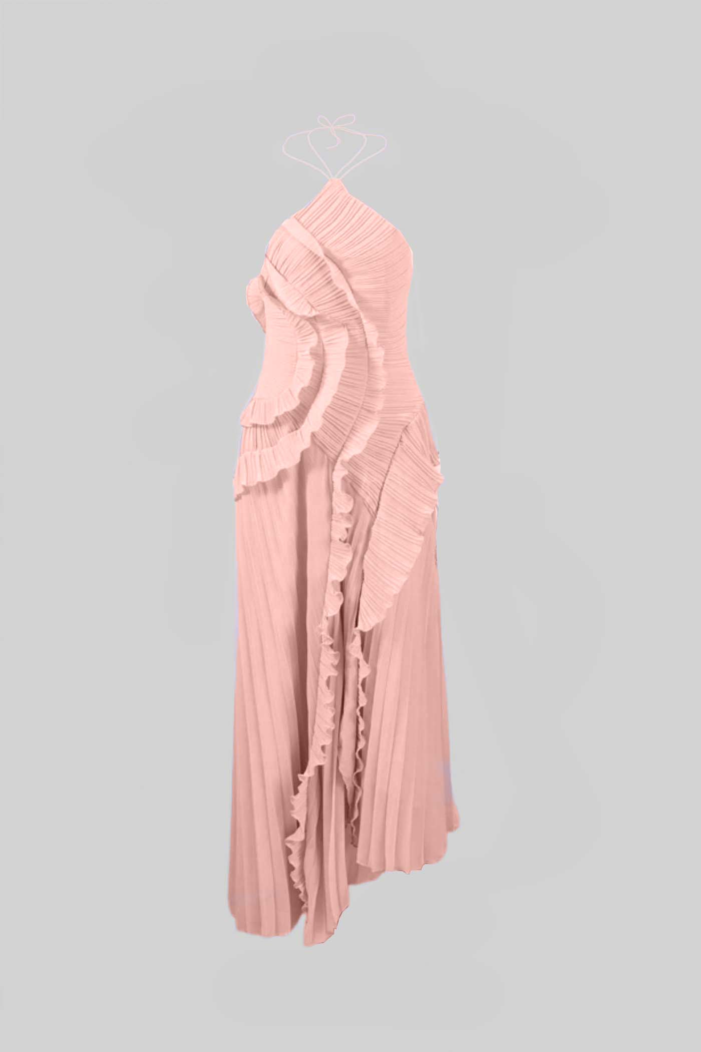 Robe midi plissée avec col licou et volants en cascade en rose