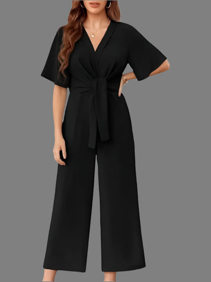 Combinaison élégante à jambes larges avec lien à l'avant et manches courtes