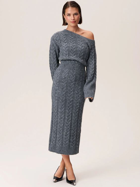 Robe Midi Tricotée Grise et Gracieuse pour Femmes