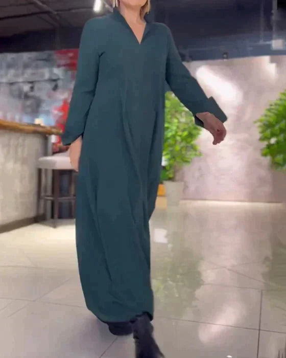 Robe Maxi Élastique à Manches Longues et Col V Élégante Femme