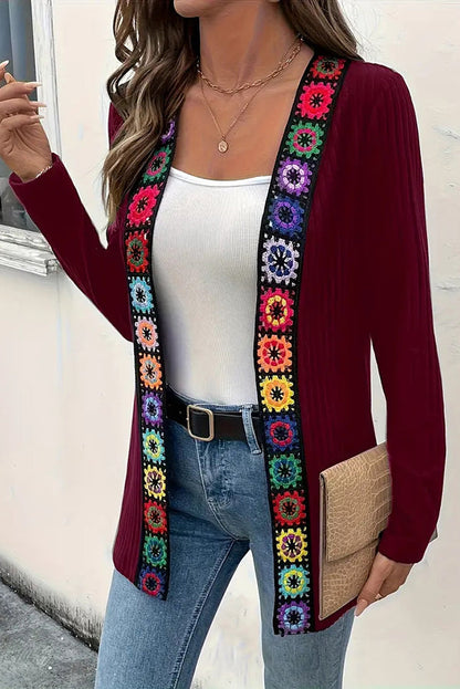 Cardigan à manches longues en maille avec bordure florale bohème