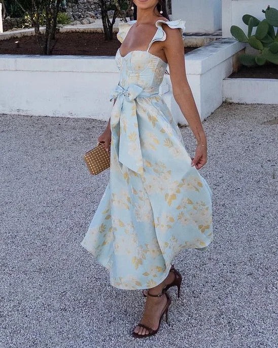 Robe Midi Sans Manches Florale Élégante Pour Femme Avec Ceinture