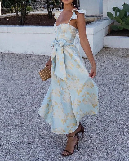 Robe Midi Sans Manches Florale Élégante Pour Femme Avec Ceinture