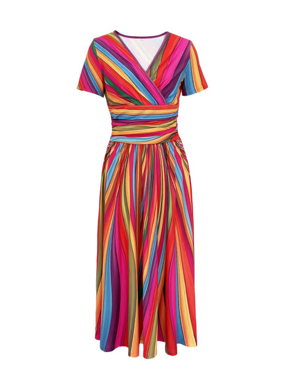 Robe midi à rayures colorées et décolleté en V pour femme